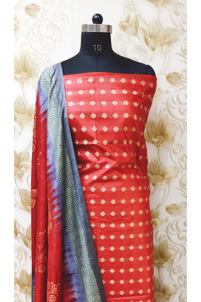 All Over Self Weaving Butta Work Red Semi Kathan Silk Suit Fabric Set (KR1496)